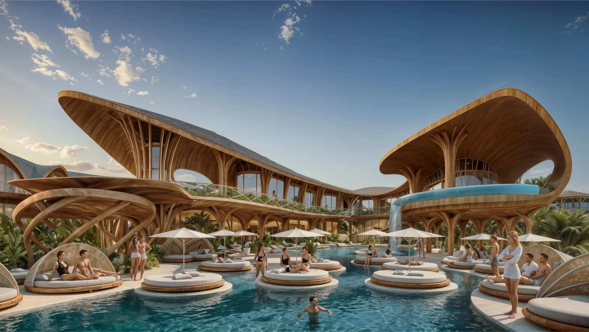The beach club by day: sweeping timber canopies above the lagoon pools