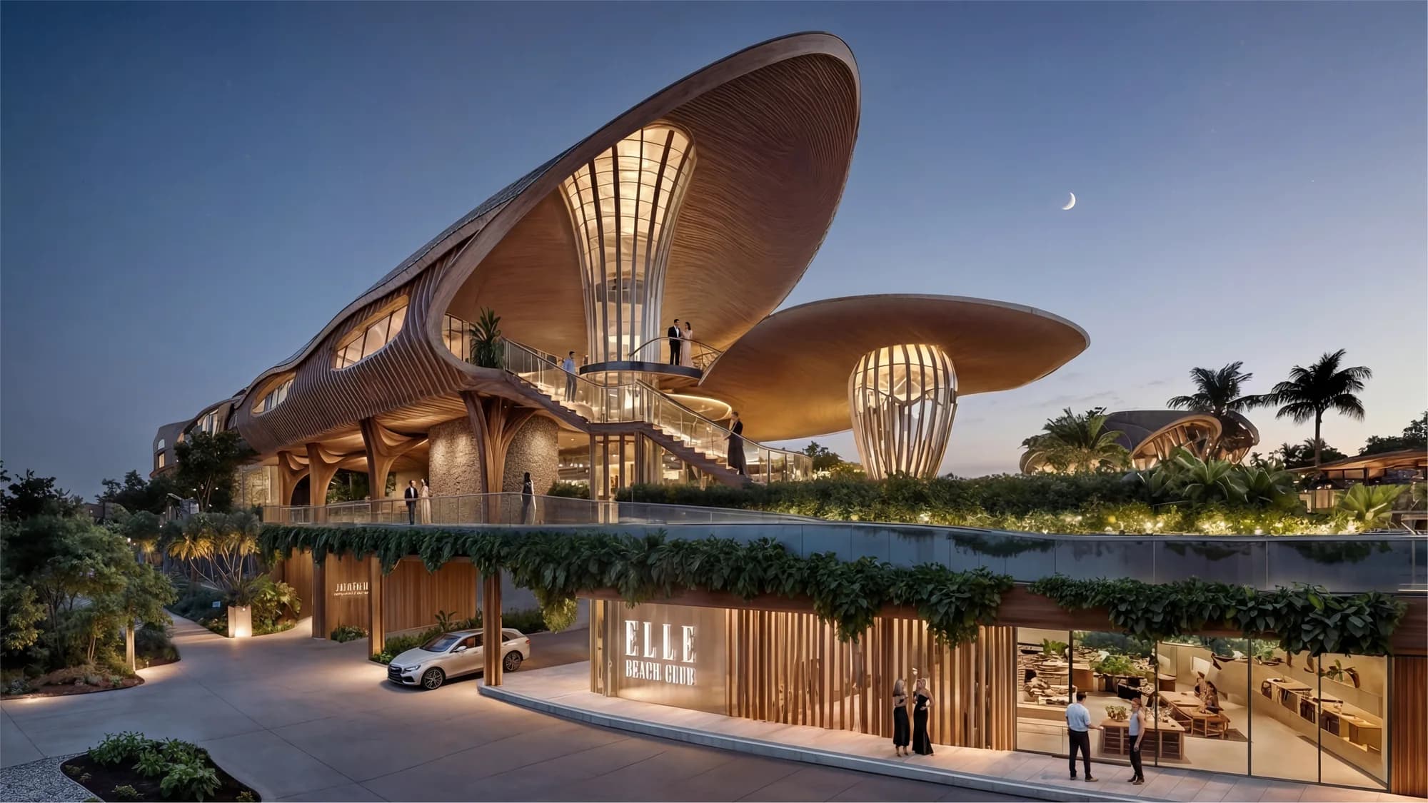 Arrival elevation at dusk, layered timber roof forms above the entrance