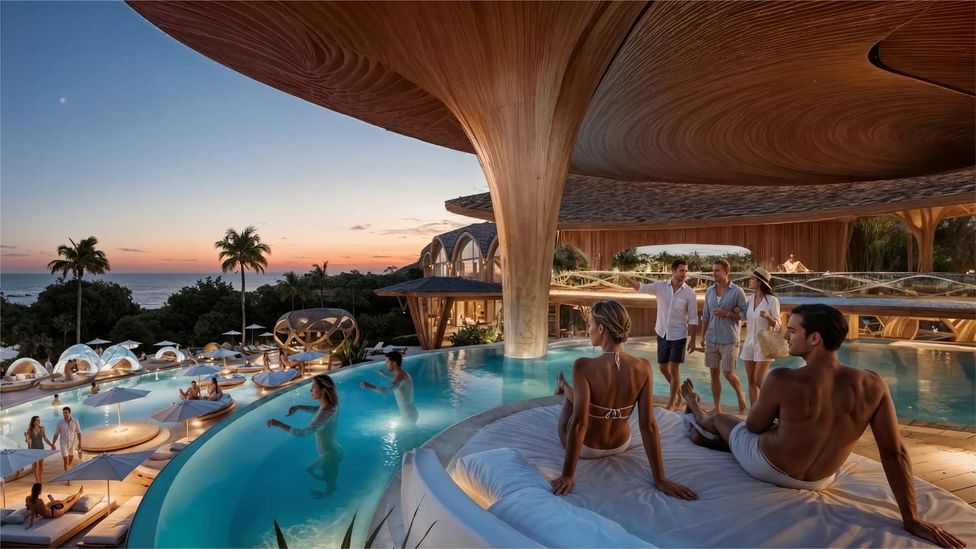 The pool deck at dusk, palms and the sea beyond