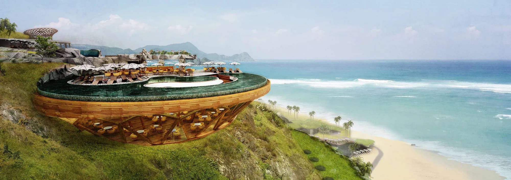 A clifftop beach club by Inspiral: a circular timber-clad pavilion above a white-sand bay
